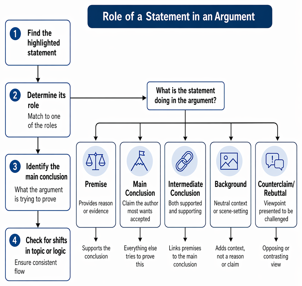 Argument-part decision process classifying a highlighted statement as premise, intermediate conclusion, main conclusion, background, or counterclaim/rebuttal.