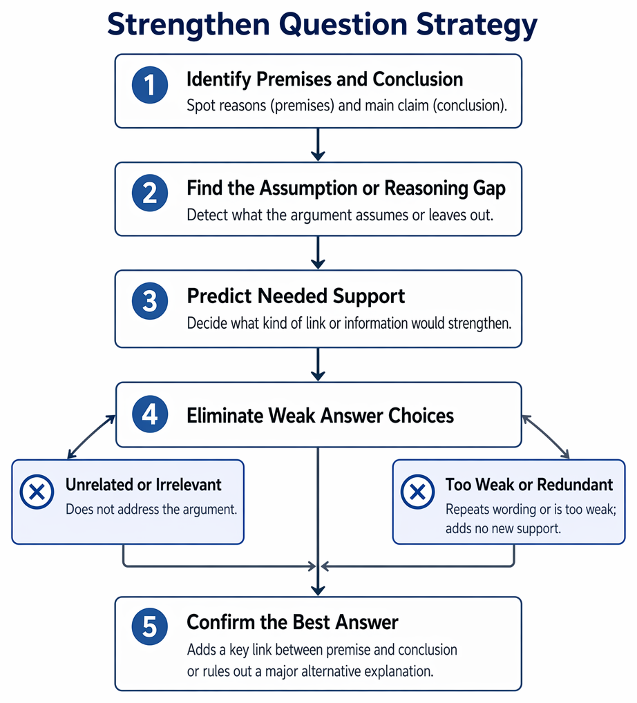 Strengthen-question analysis sequence: identify the stem, isolate conclusion and premises, detect the assumption gap, evaluate choices, and select the strongest support.