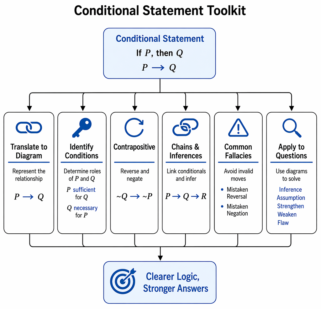 Conditional inference forms from A→B, including the valid contrapositive, two invalid transformations, and the original statement’s shared truth value with the contrapositive.