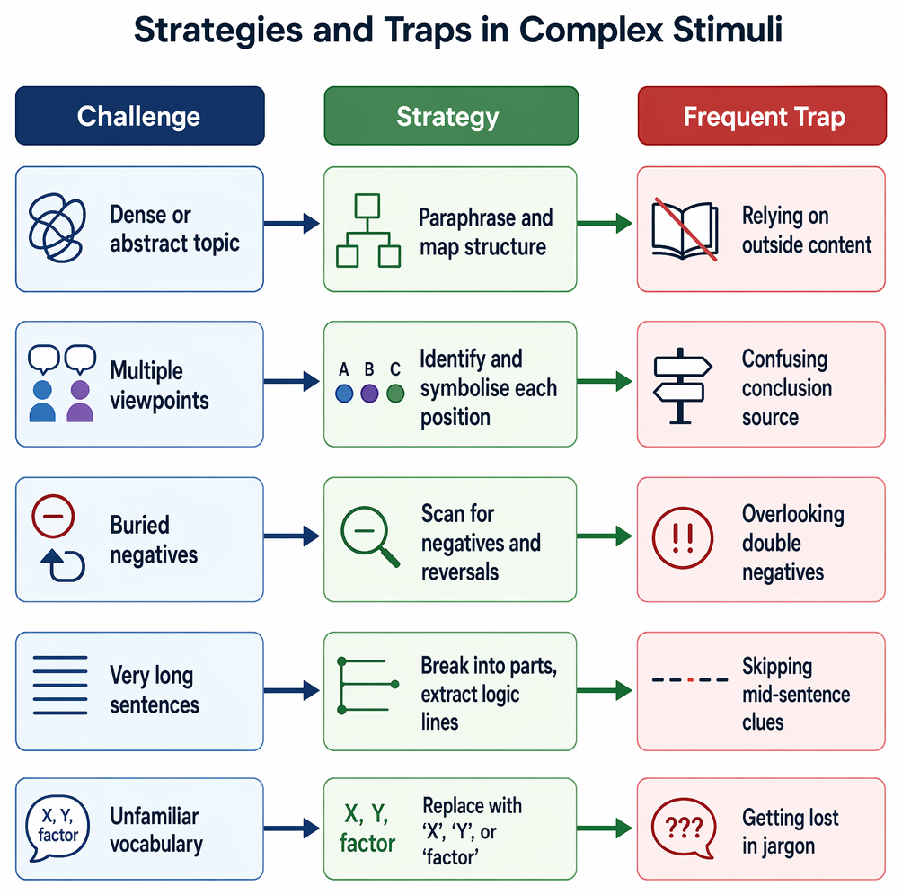 Complex reasoning stimulus triage process: detect complexity, summarise structure, attempt rapid mapping, then either apply targeted reasoning or selective elimination.