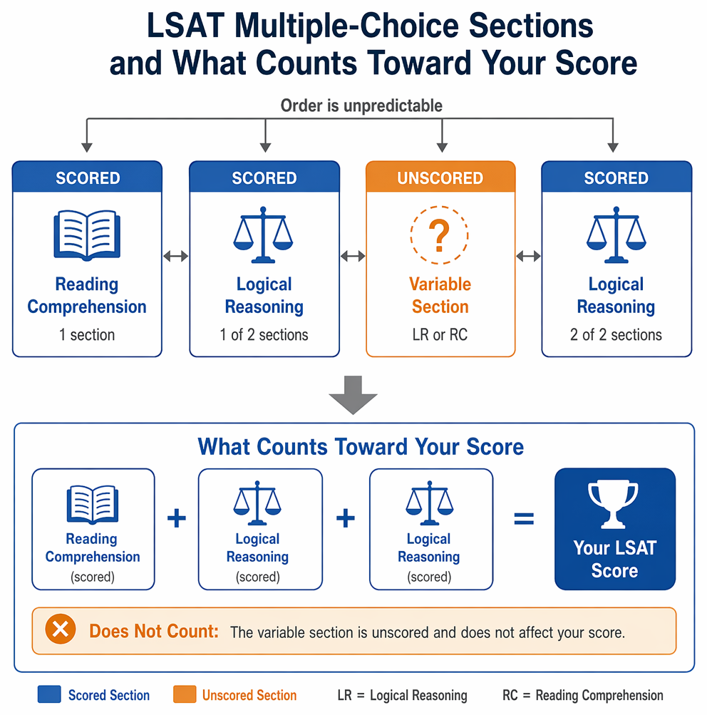 Multiple-choice administration sequence with four 35-minute sections, a short break after section two, and a variable section permitted in any position.