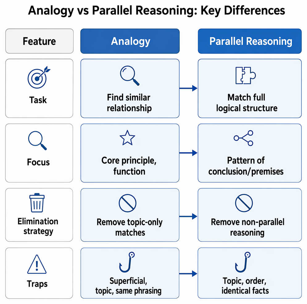 Logical comparison question types: analogy and parallel reasoning, with tasks emphasizing relational similarity, abstract principles, logical structure, and support patterns.