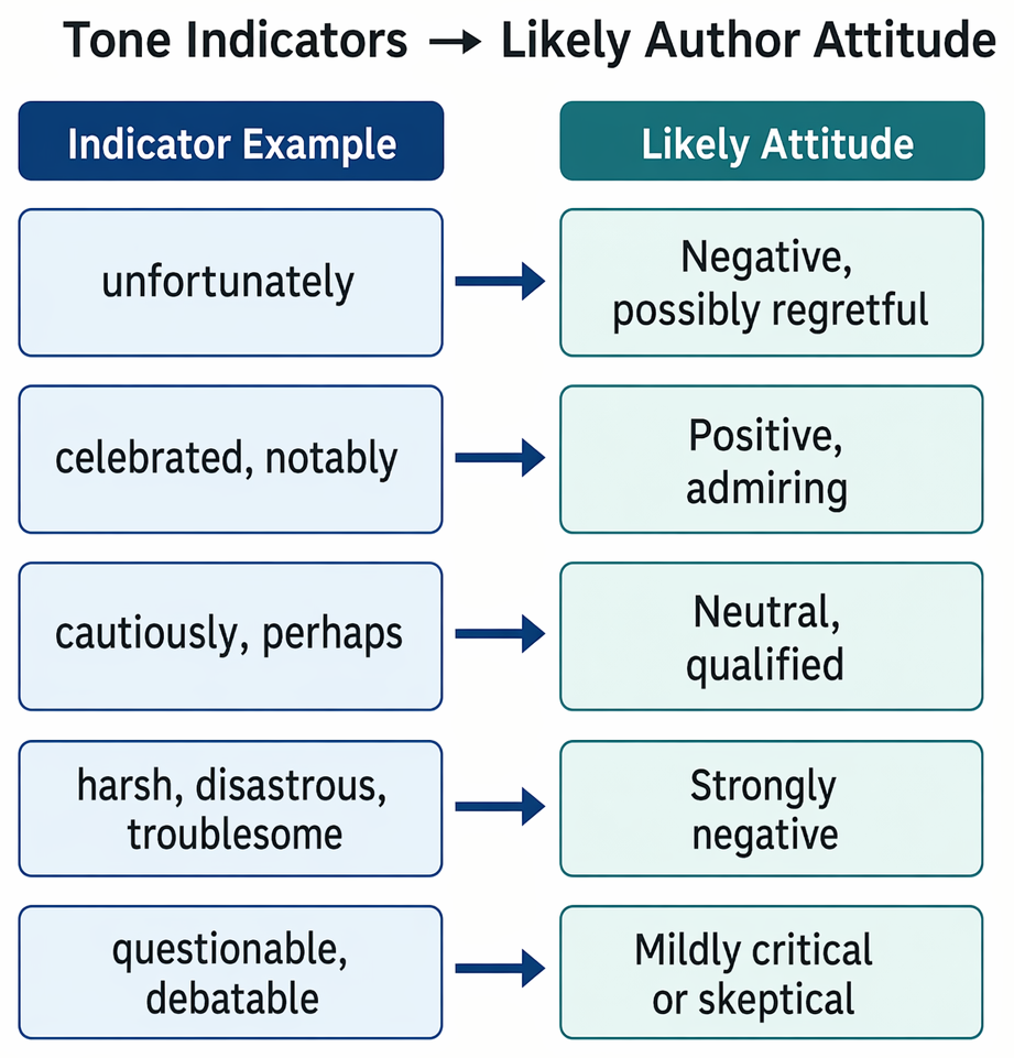 Authorial tone and attitude answer selection process using tone indicators, elimination of mismatched and extreme choices, degree matching, textual confirmation, and final selection.