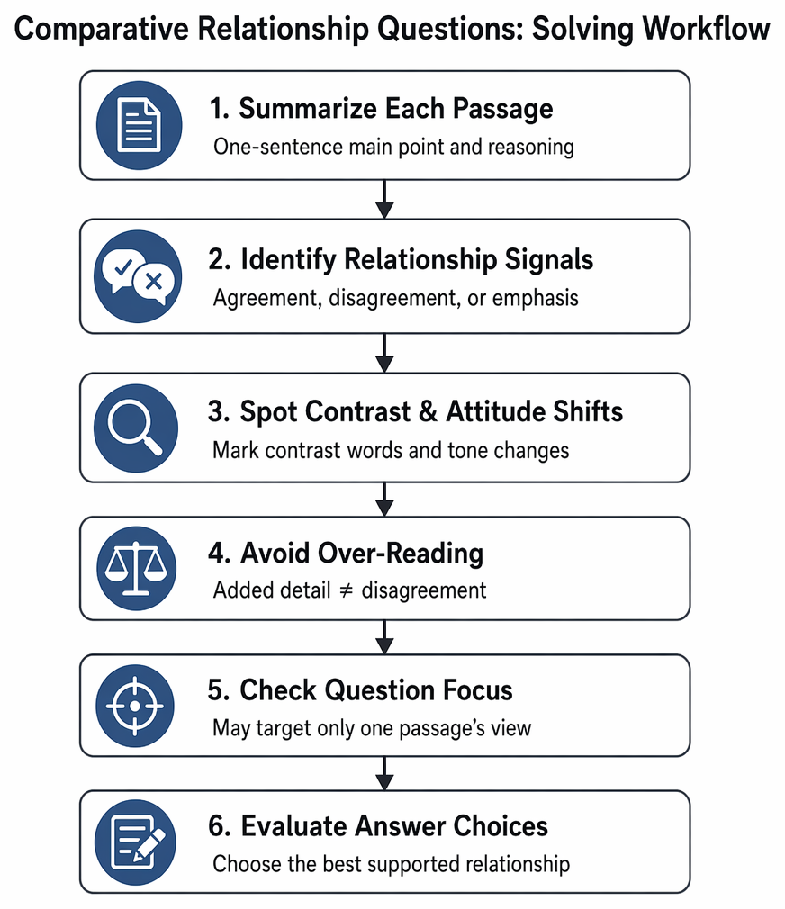 Comparative passage relationship analysis process: identify the task, summarize each main point, compare indicators, tone, evidence, predict relationship, and test answers.