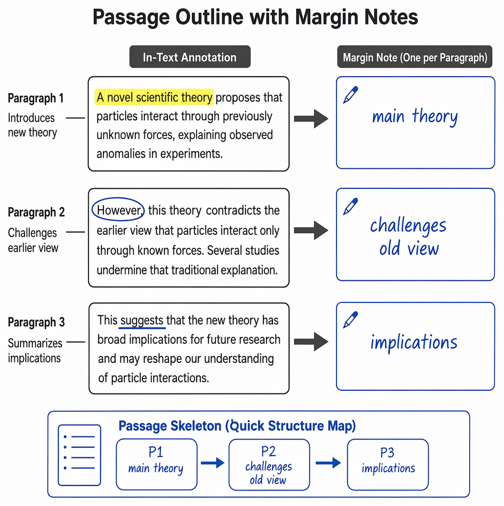 Passage annotation decision process for classifying text elements and applying marks to claims, transitions, evidence, author attitude, or nonessential details.