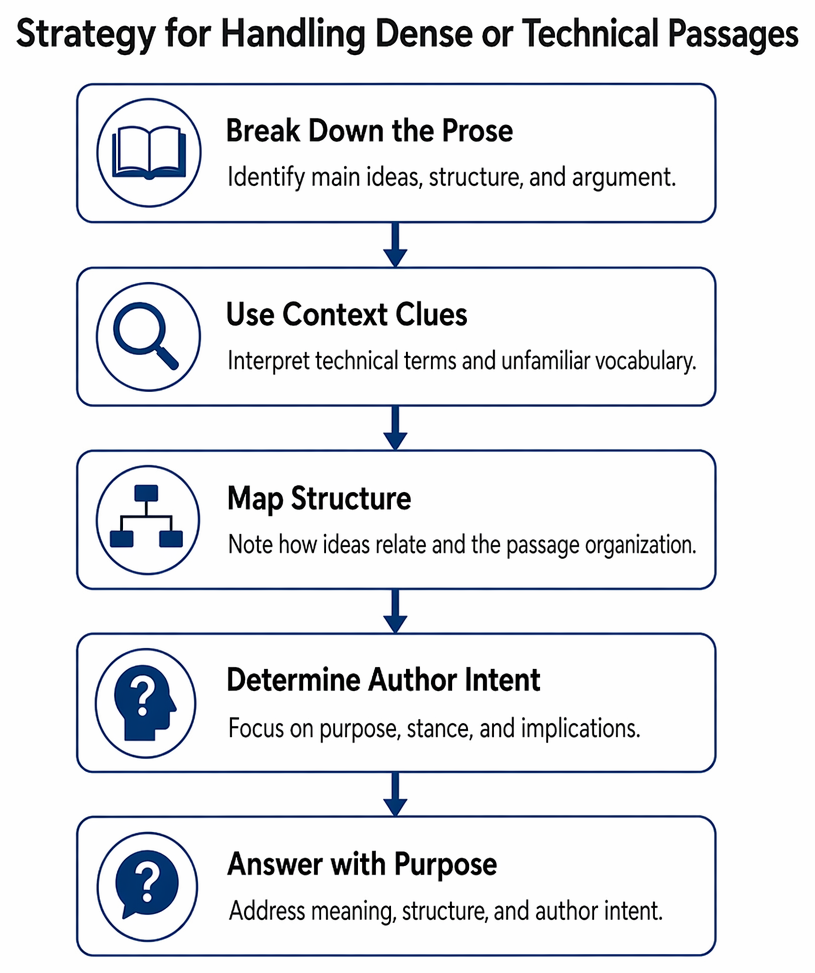 Unfamiliar technical vocabulary resolution process using definitions, contrasts, examples, placeholder paraphrase, and passage-based inference before proceeding.
