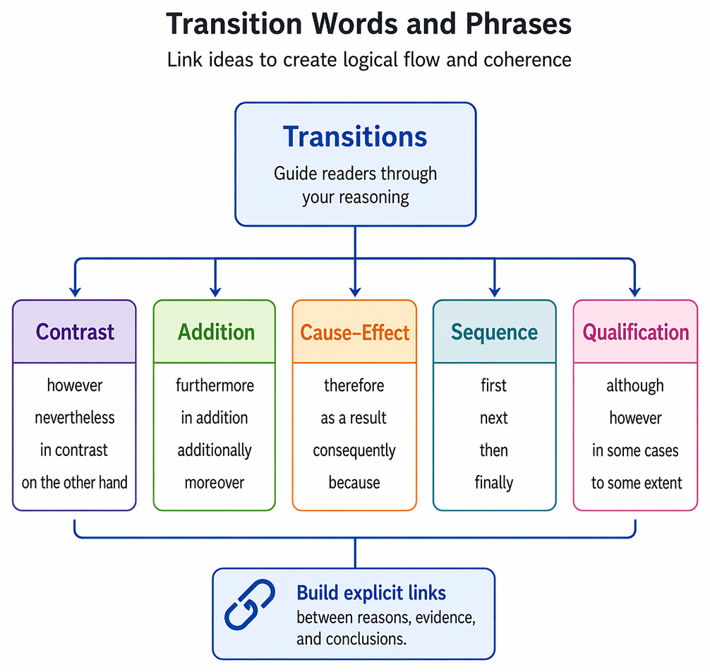 Argumentative essay planning and revision sequence using topic sentences, paragraph transitions, counterargument, conclusion signaling, and coherence checks.