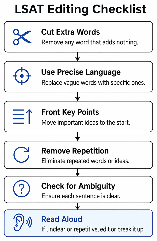 Editing process for improving clarity, concision, and precision through iterative revision, ambiguity checking, and positioning key points at sentence start.