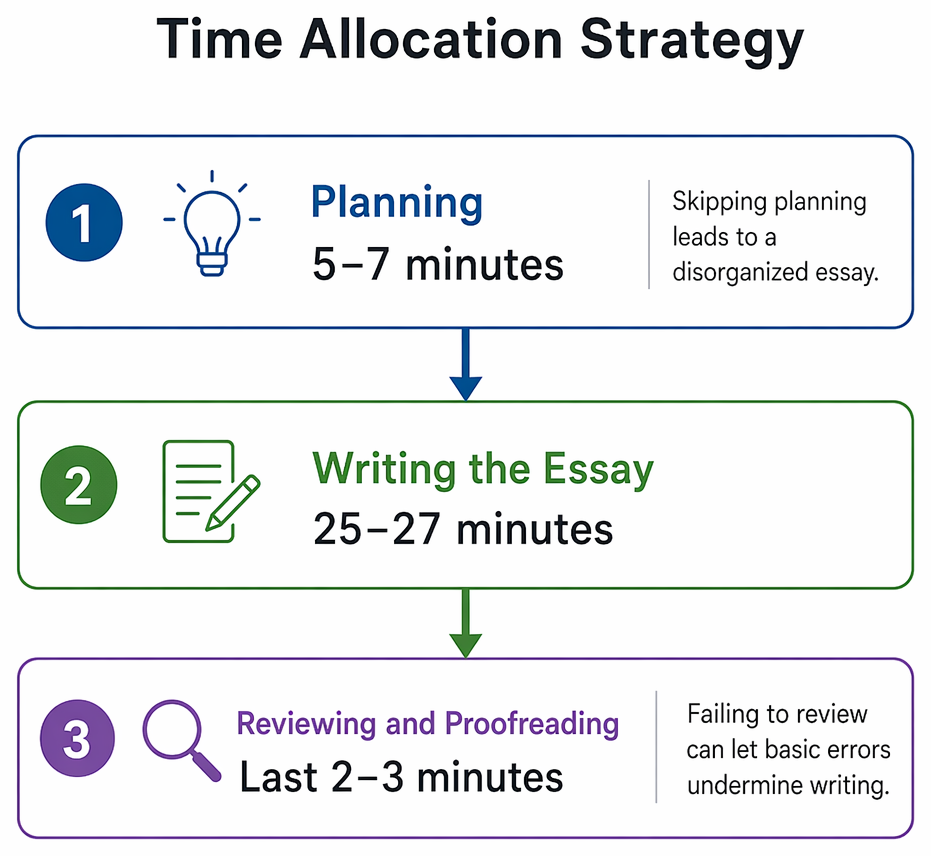 Timed essay-writing workflow with decision points for planning overruns, drafting interruptions, low remaining time, final review, and submission.