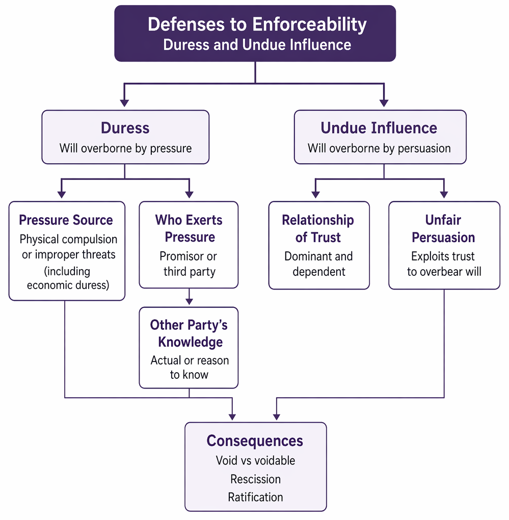 Duress analysis covering improper threats, induced assent, lack of reasonable alternatives, duress categories, contract status, avoidance, and possible post-pressure affirmation.