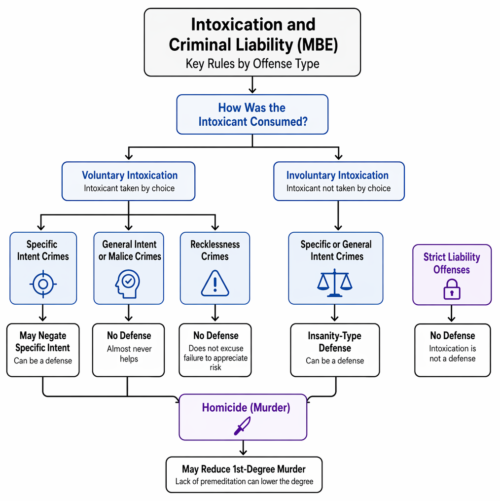 Voluntary intoxication defense by offense type: available only when specific intent is not formed; unavailable for general intent, malice, and strict liability.
