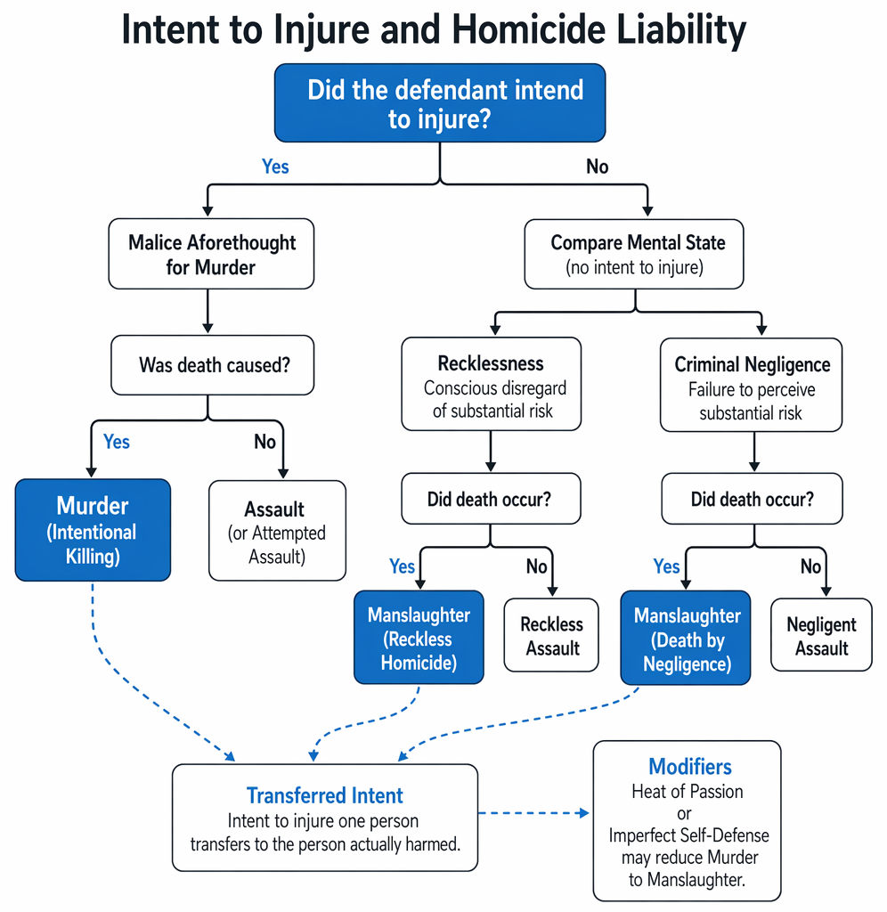 Intent to injure outcomes in homicide: serious bodily harm causing death supports murder, while minor injury causing death supports involuntary manslaughter.