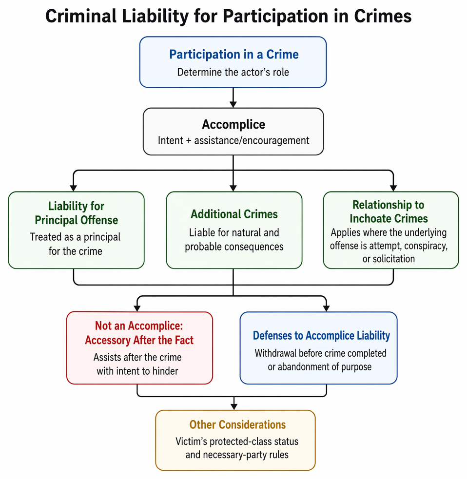 Accomplice liability turns on aiding, counseling, or encouraging before or during the crime with dual intent; mere presence or knowledge is insufficient.
