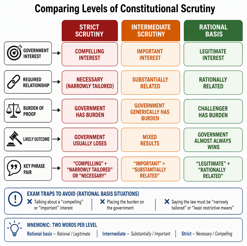 Rational basis review when no suspect or quasi-suspect classification or fundamental right exists, including challenger burden, legitimate interest, rational connection, and outcomes.