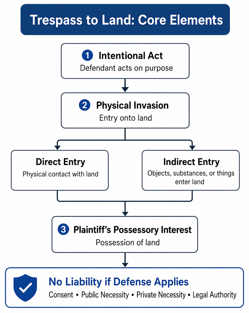 Interference with land distinguishes trespass as tangible physical invasion from nuisance as substantial, unreasonable interference, including intangible intrusions such as noise and odors.