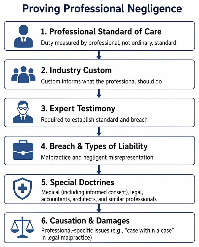 Proof in professional negligence: expert testimony establishes the standard of care and breach, custom is highly persuasive, and obvious negligence needs no expert.