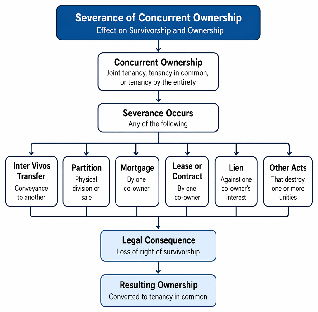 Severance of joint tenancy ends survivorship and converts only the severed share into a devisable, inheritable tenancy in common interest.