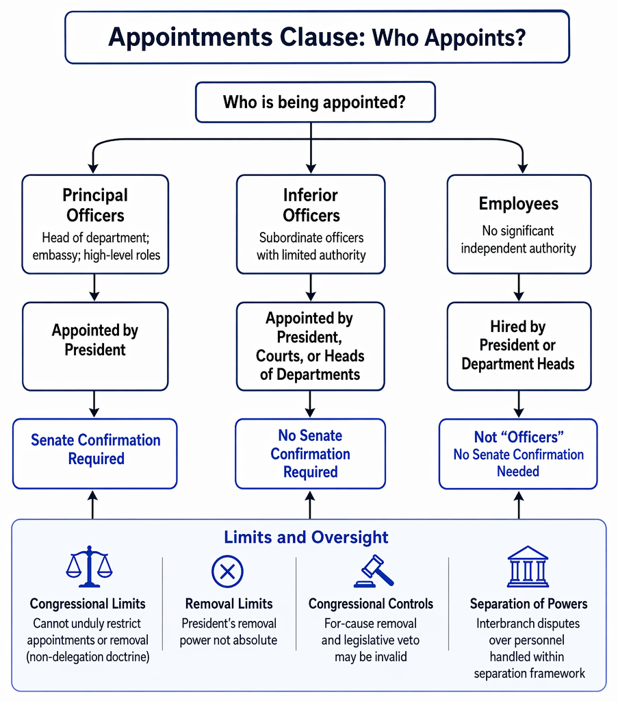 Appointments Clause decision path distinguishing employees, principal officers, and inferior officers, with constitutionally valid appointing authorities and invalid congressional appointments.