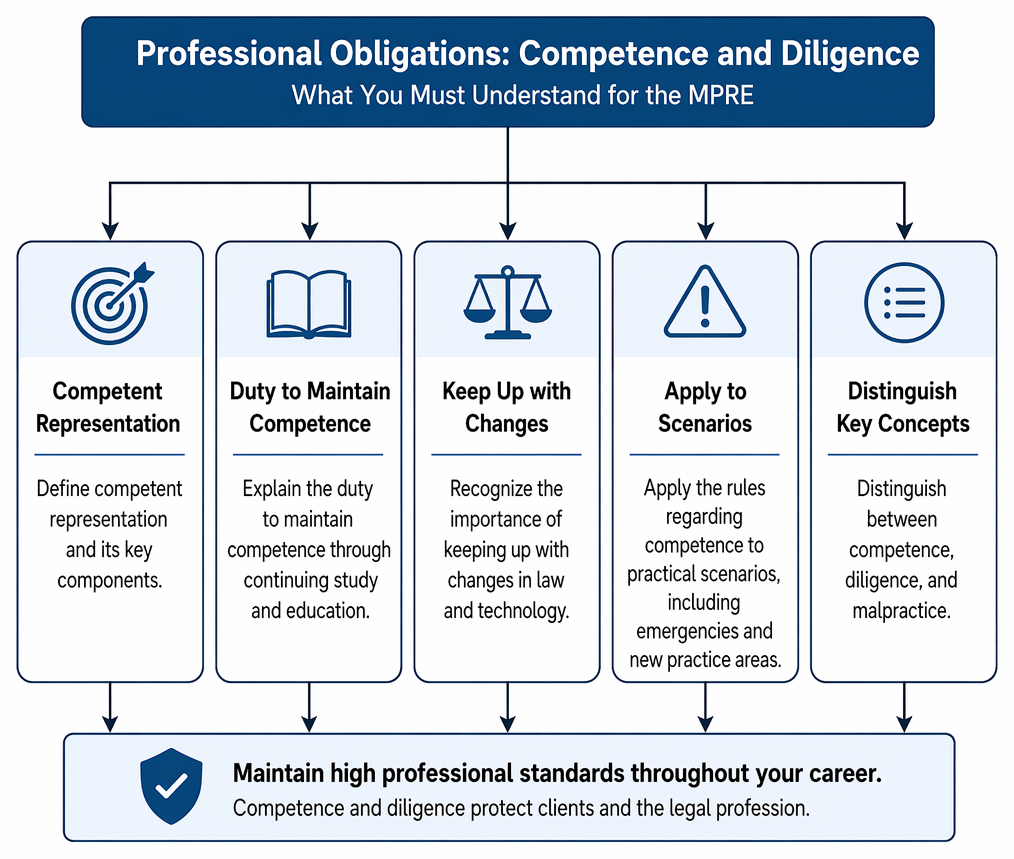 Maintaining legal competence through continuing education, legal and practice updates, technology awareness, reasonable preparation, jurisdictional CLE, and independent study.