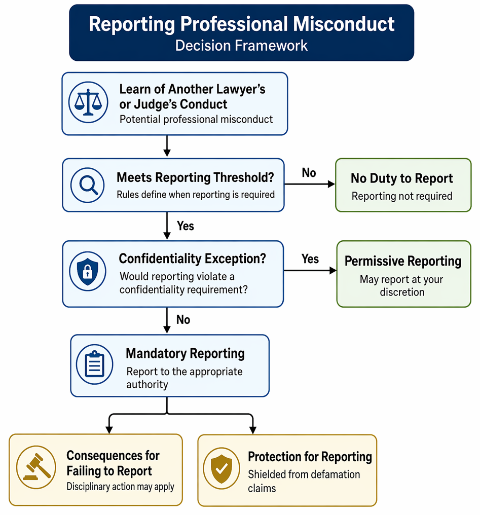 Confidential misconduct information obtained during representation: no reporting without client consent or a Rule 1.6 exception; reporting required for substantial-question violations.