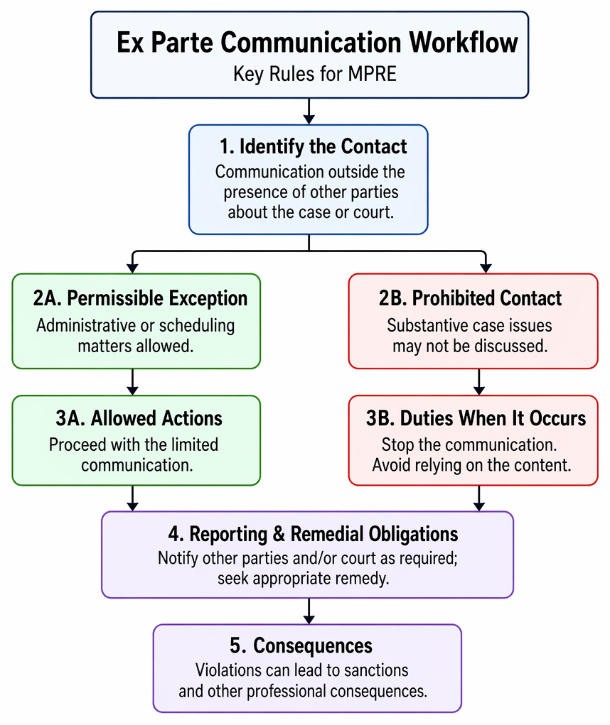 Improper ex parte communication obligations for judges and lawyers, including party notice, response opportunity, deferred consideration or nonuse, disclosure, and possible discipline affecting orders.