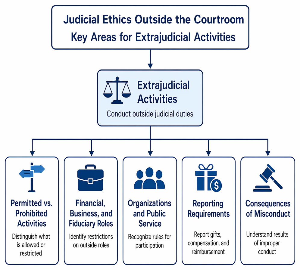 Judicial extrajudicial activity review process identifying disqualifying conflicts, threats to independence, and categorical prohibitions before permitted participation with reporting and compensation conditions.