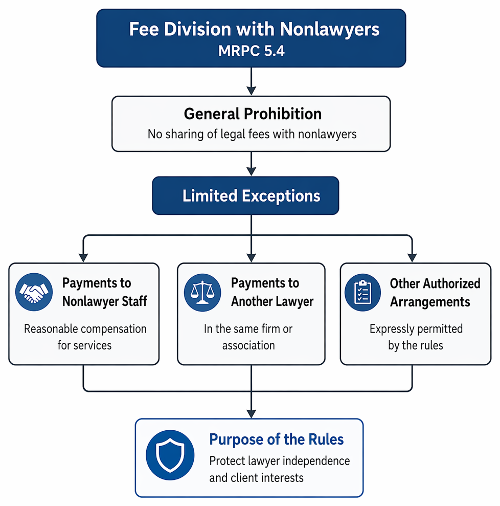 MRPC 5.4 restrictions on nonlawyer ownership, management authority, and professional-judgment control, with limited exceptions for profit-based compensation and estate payments.