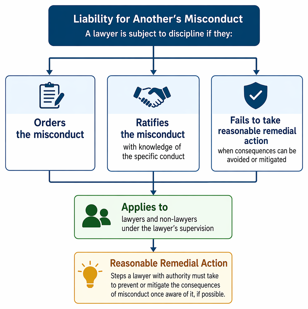 Disciplinary grounds for others' misconduct: ordering, knowing ratification, or failure to take reasonable remedial action before consequences become unavoidable; applicable to lawyers and nonlawyers.
