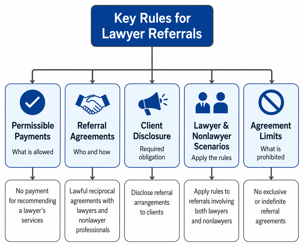 Reciprocal referral agreement compliance criteria: nonexclusive terms, client disclosure, protection of independent professional judgment, periodic review, and no payment for individual referrals.