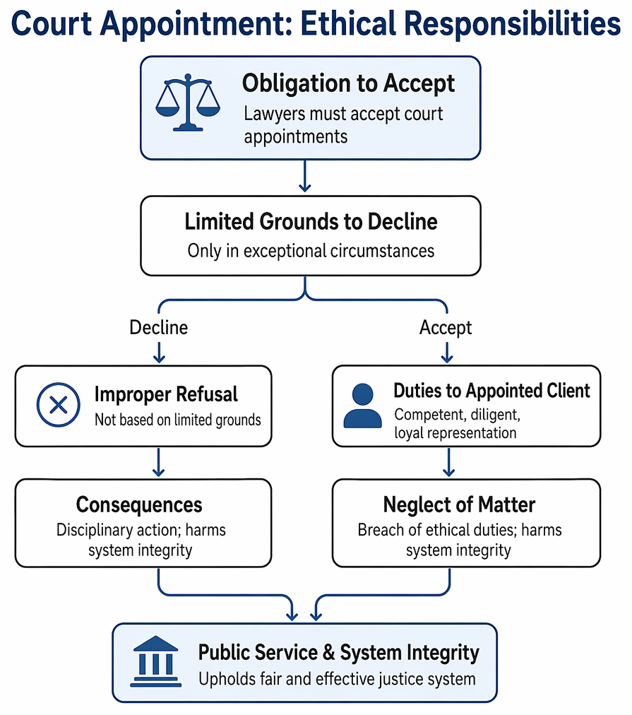 Court-appointed representation process from appointment through representation, emergence of withdrawal grounds, judicial approval request, and continuation or withdrawal.