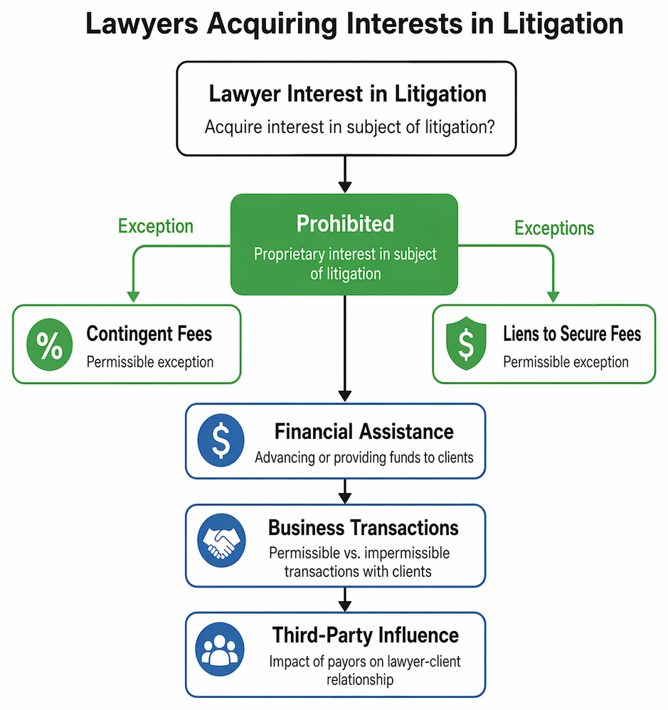 Financial assistance to clients in litigation, distinguishing permitted advances or payment of court costs from prohibited support for living expenses.
