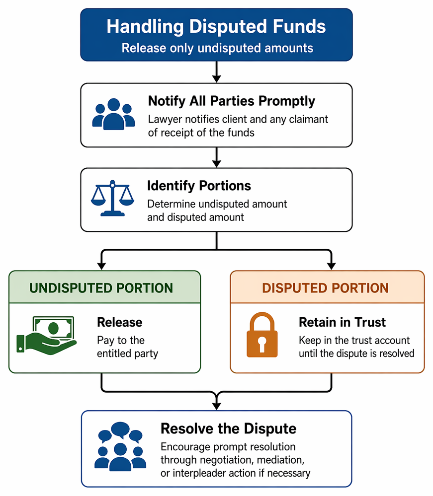 Lawyer-held funds or property: undisputed amounts are delivered to the rightful owner; disputed fee or third-party amounts remain in trust.