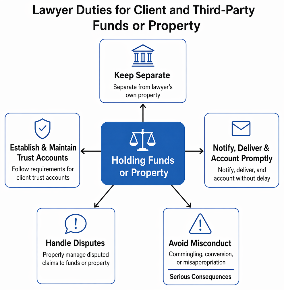 Lawyer handling of client or third-party funds and property from receipt through trust deposit, recordkeeping, dispute retention, disbursement, and five-year record retention.