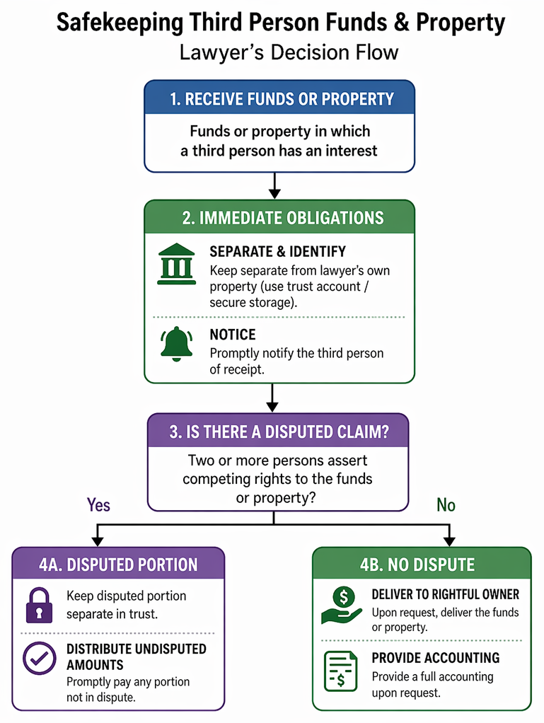 Third-person funds and property held by a lawyer: segregation, identification of interests, prompt notice, delivery with accounting, and trust retention of disputed amounts.