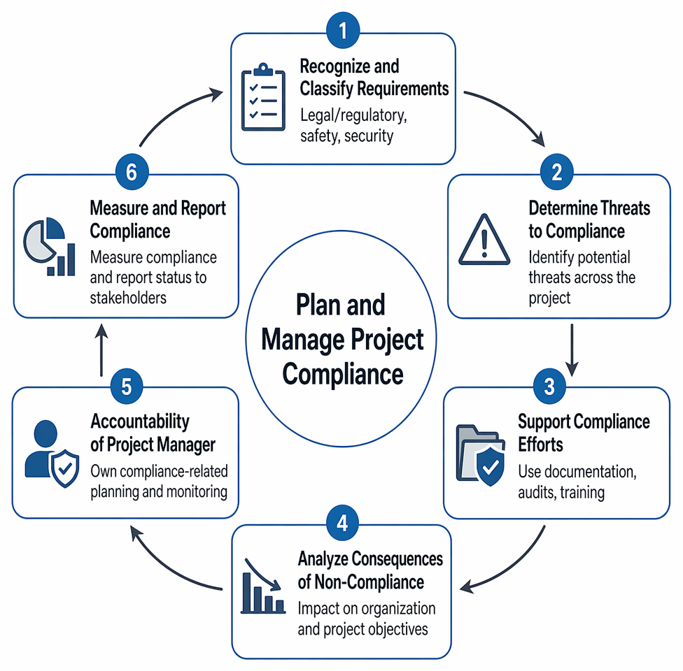 Project compliance requirements classified into external sources—legal and regulatory, industry standards, societal norms—and internal sources—organizational governance, internal policies, and PMO processes.
