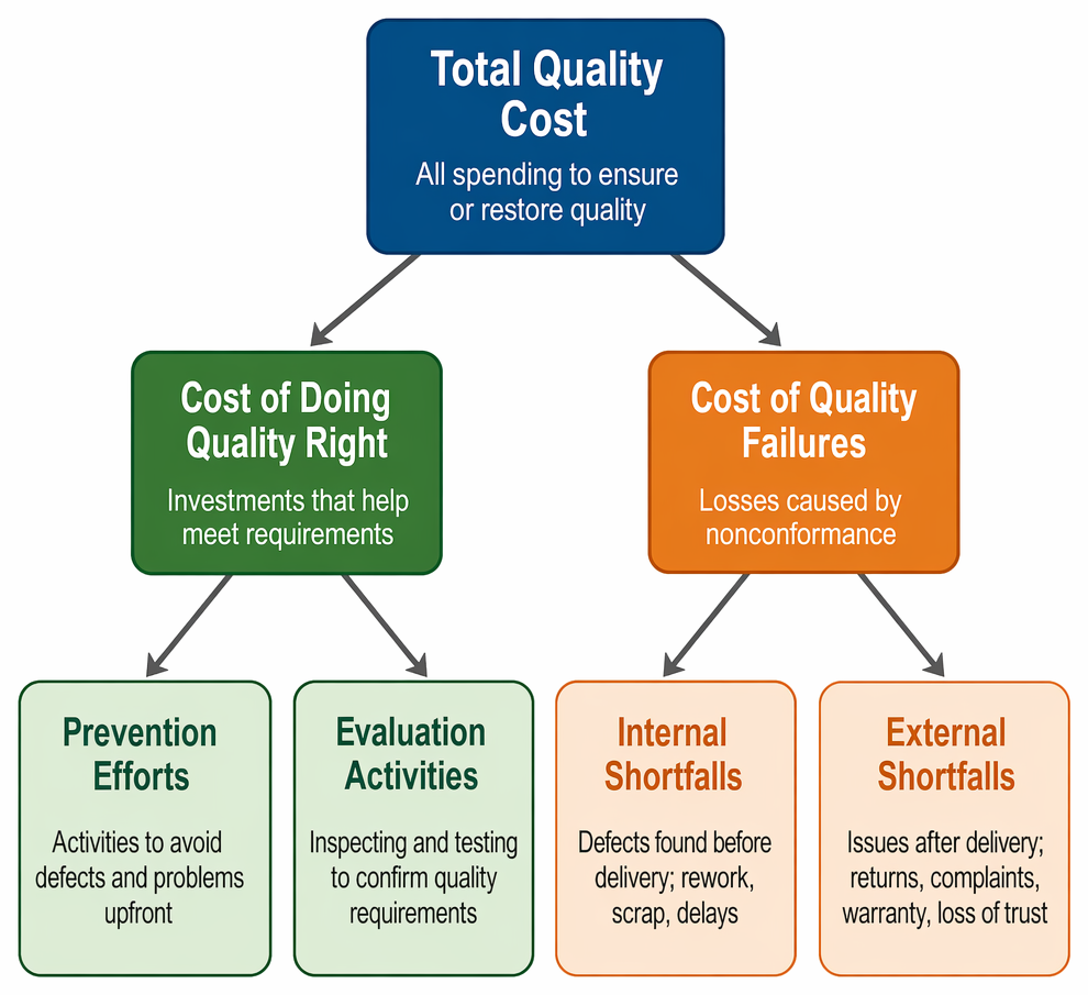 Cost of quality classification into conformance and nonconformance costs, with prevention, appraisal, internal failure, and external failure components.