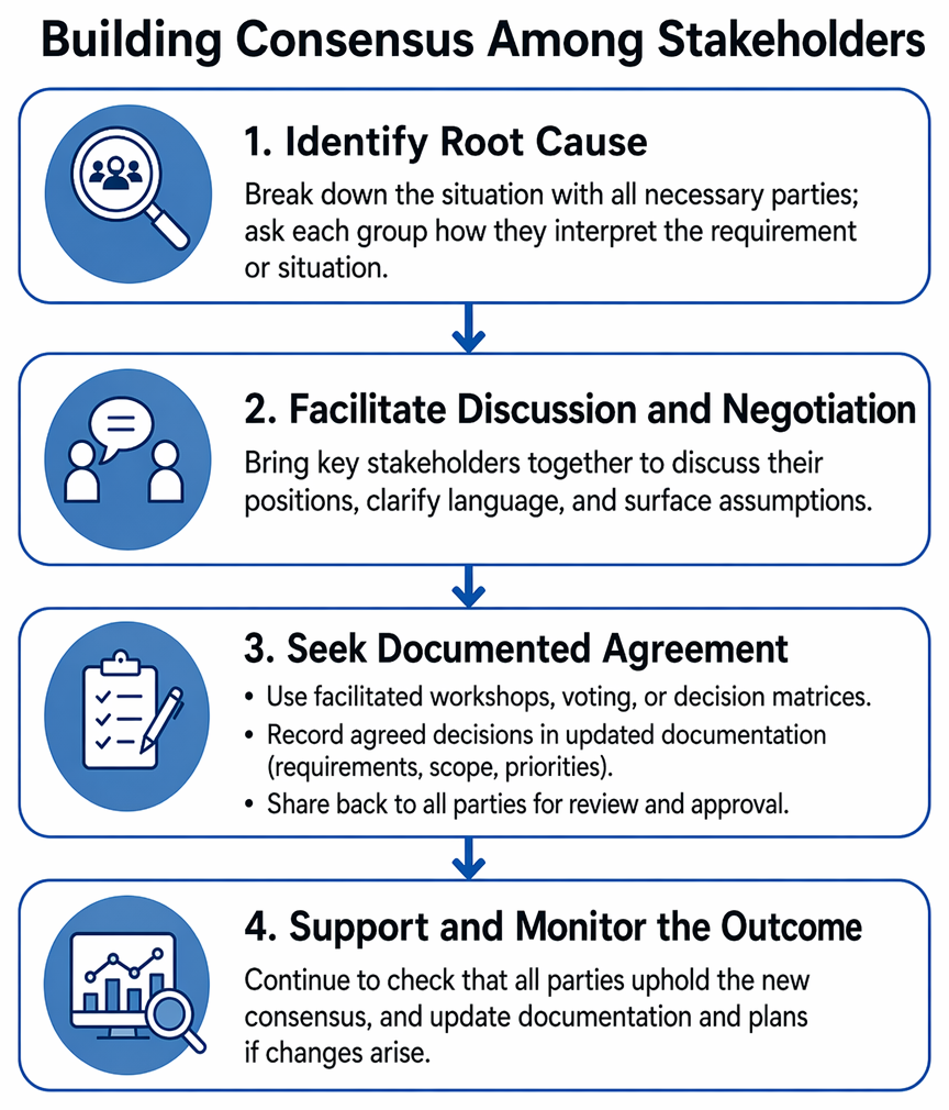 Sources of stakeholder misunderstanding, including differing interpretations of scope, unstated assumptions, communication breakdowns, cultural barriers, and siloed priorities.