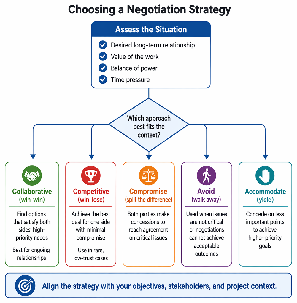 Negotiation strategy selection based on relationship horizon, trust, power asymmetry, issue importance, and timing, leading to collaborative, competitive, compromise, avoid, or accommodate outcomes.