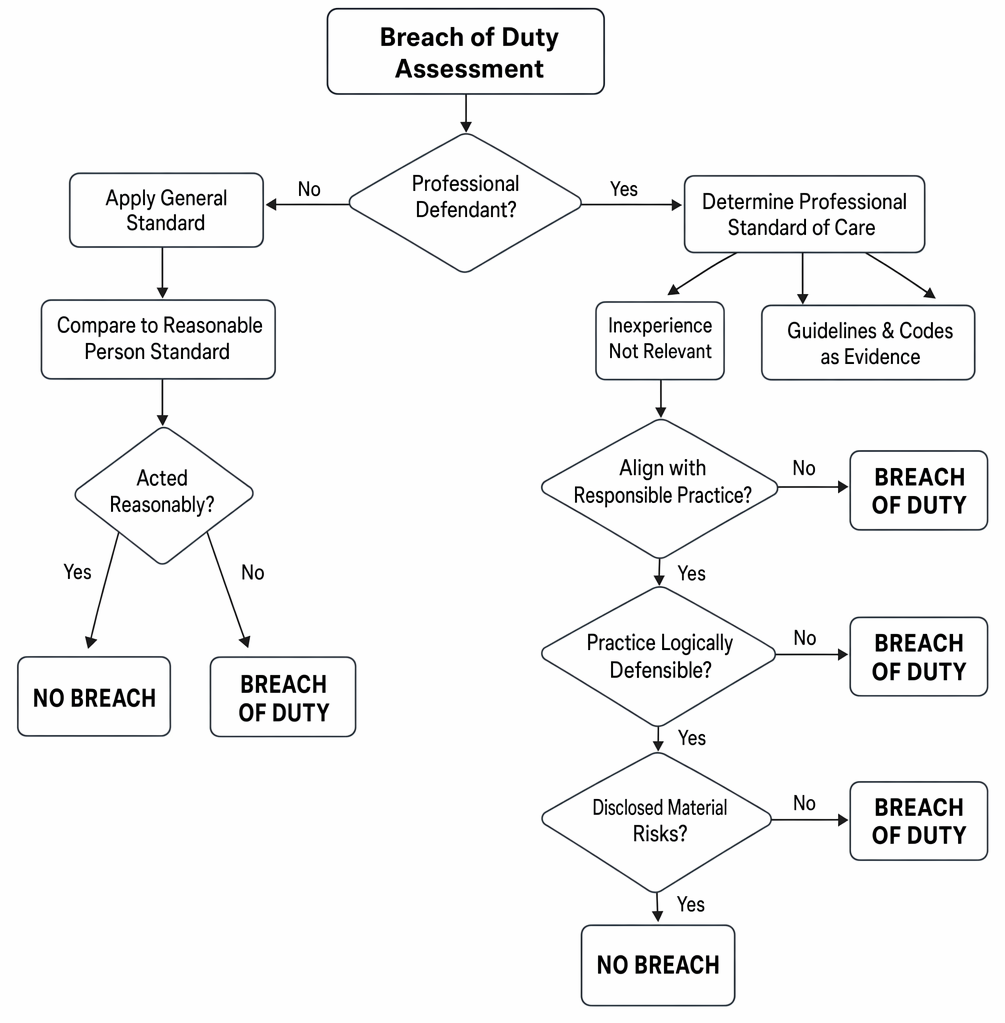 Professional breach of duty assessment: ordinary reasonable person standard, Bolam, Bolitho, inexperience, guidelines and codes, and disclosure of material risks.