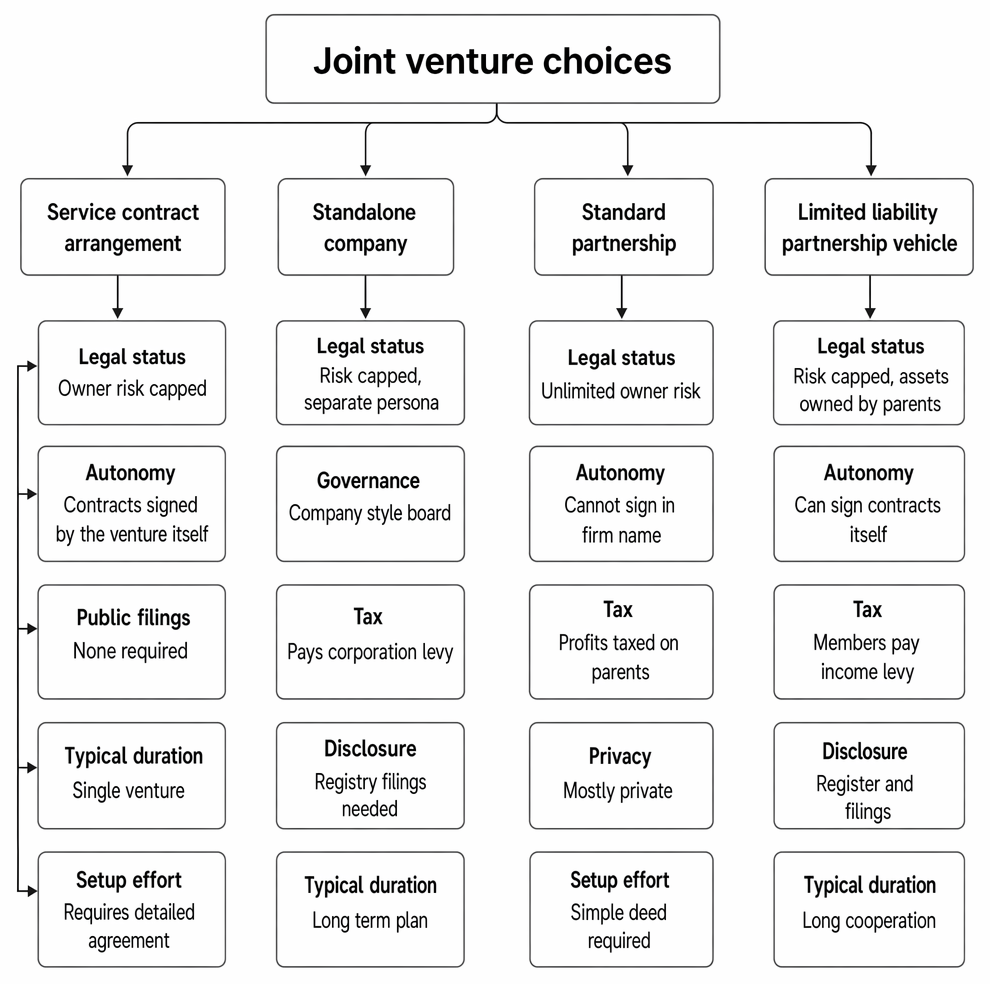 Comparative summary of joint venture structures by legal personality, limited liability, contractual capacity, tax treatment, disclosure obligations, and duration.