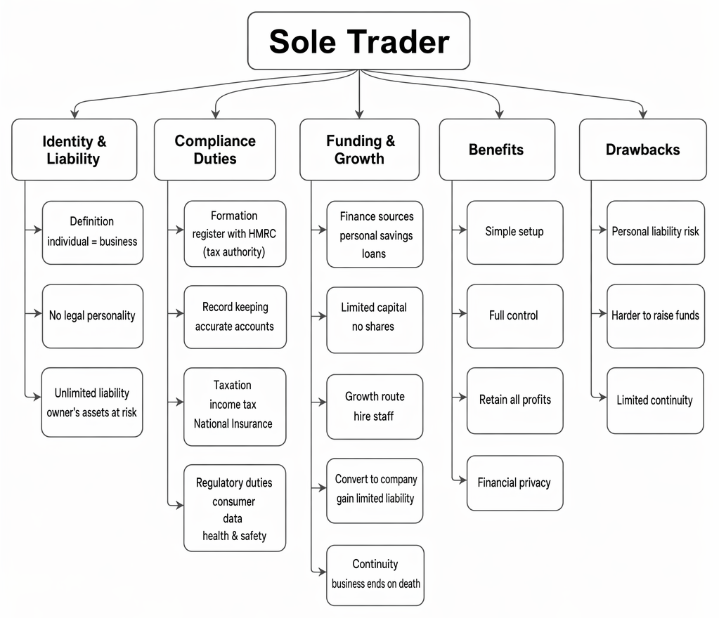 Key legal and commercial characteristics of a sole trader, including liability, compliance obligations, funding, continuity, advantages and disadvantages.