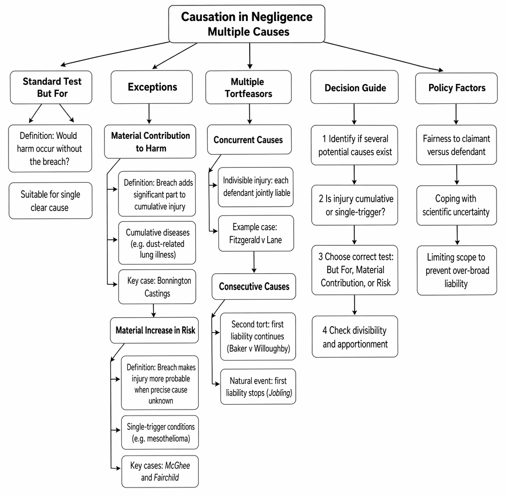 Factual causation in negligence where several causes operate, including but-for causation, material contribution to harm, material increase in risk, and tortfeasor liability.