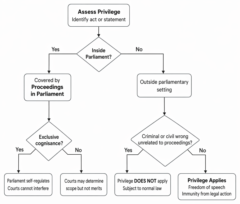 Parliamentary privilege: identification of proceedings in Parliament, matters outside Parliament, and exclusive cognisance.