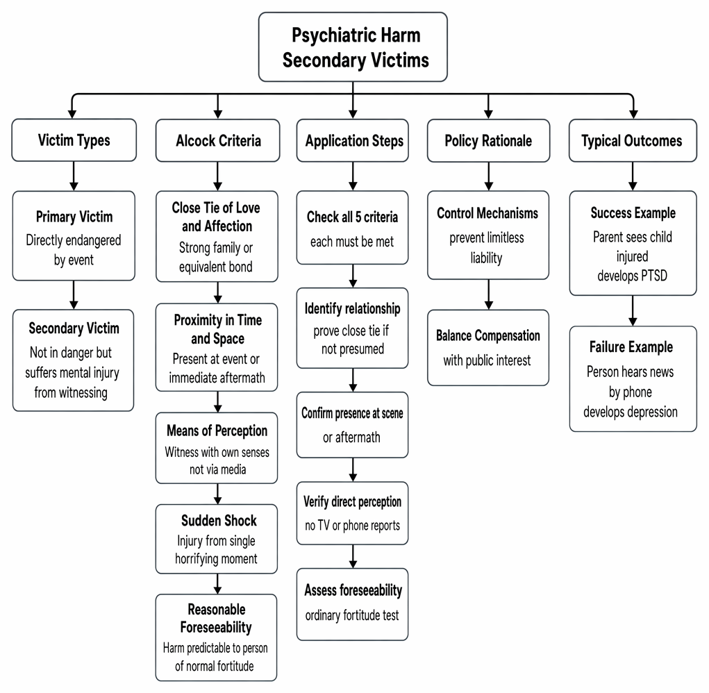 Psychiatric harm claims by secondary victims, distinguishing victim types and summarising the Alcock criteria, application requirements, policy control mechanisms, and typical outcomes.