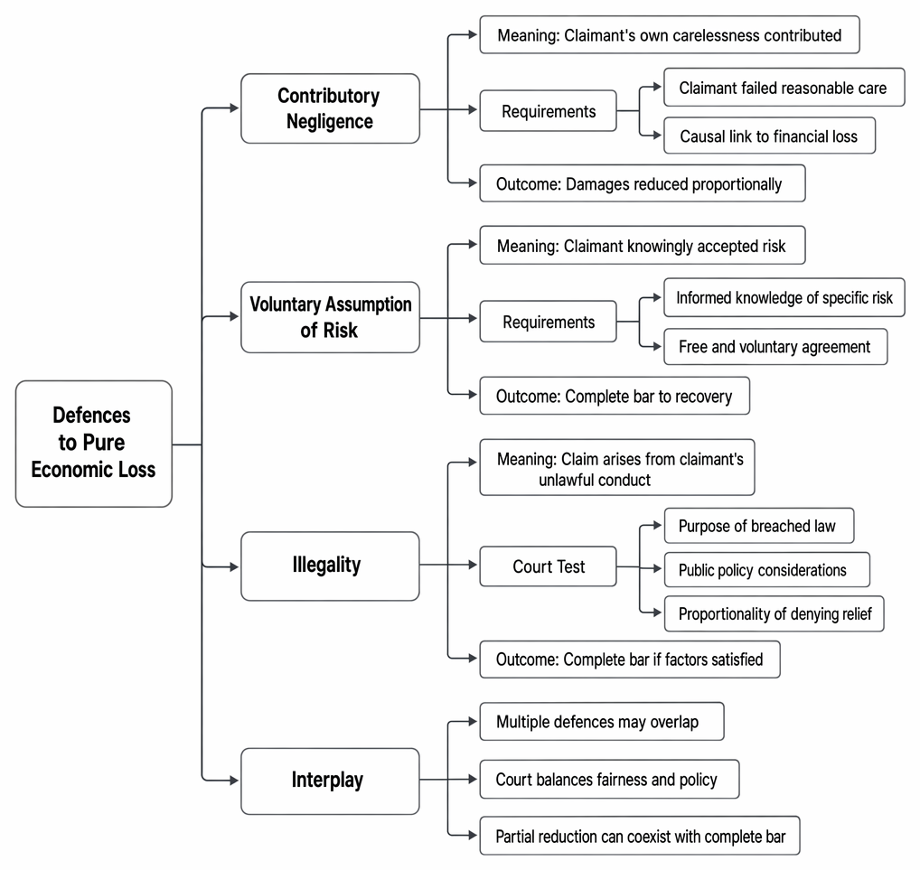Defences applicable to pure economic loss claims in negligence: contributory negligence, voluntary assumption of risk, illegality, and their interaction.