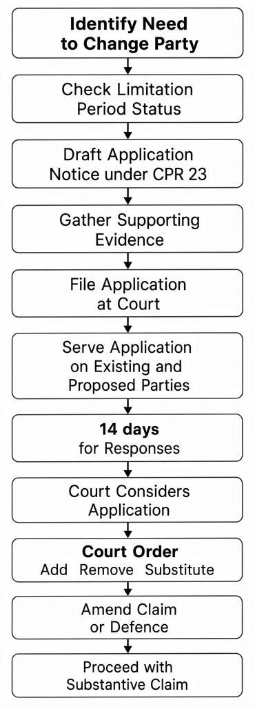 Procedural steps under CPR Part 19 and CPR 23 for adding, removing, or substituting parties, including limitation, application, service, court order, and amendment.