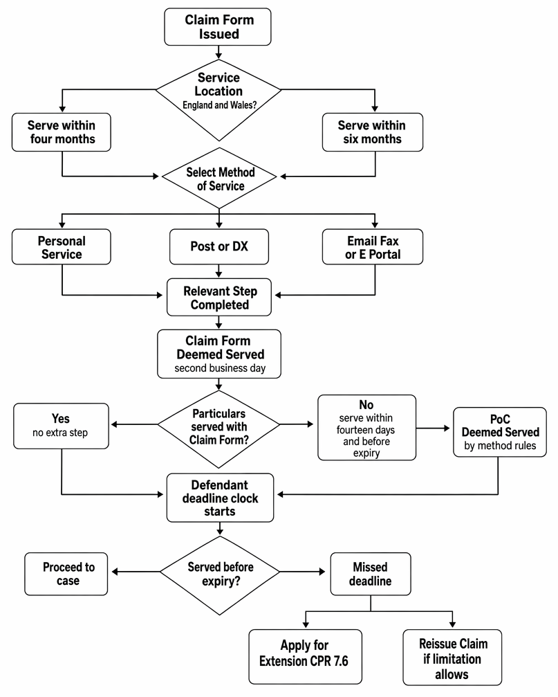 Civil claim service timeline showing claim form validity, deemed service, service of particulars of claim, and consequential time limits under the CPR.
