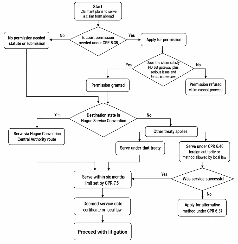 Decision pathway for service out of a claim form under CPR 6.33, CPR 6.36, PD 6B, treaty routes and deemed service.