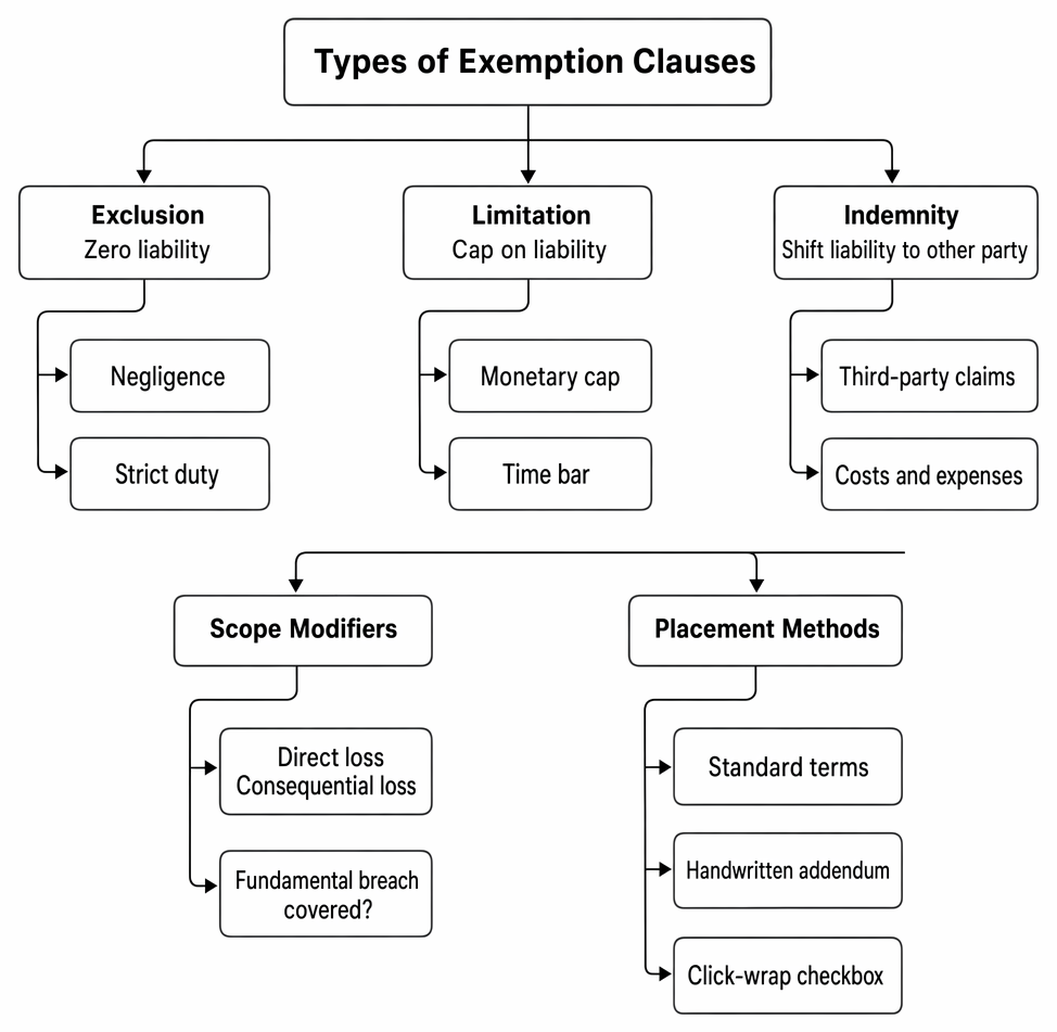 Exemption clauses categorised as exclusions, limitations and indemnities, with scope modifiers and placement methods in written and digital contractual terms.