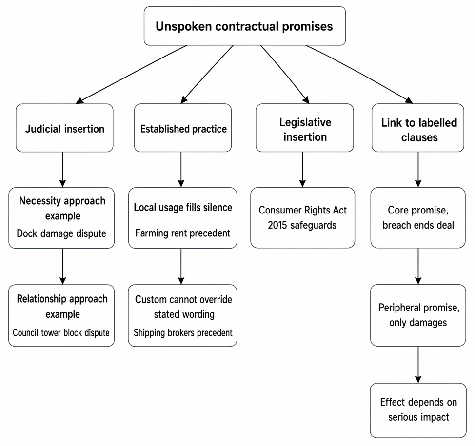 Sources of implied contractual terms and their relation to conditions, warranties, and innominate terms under English law.